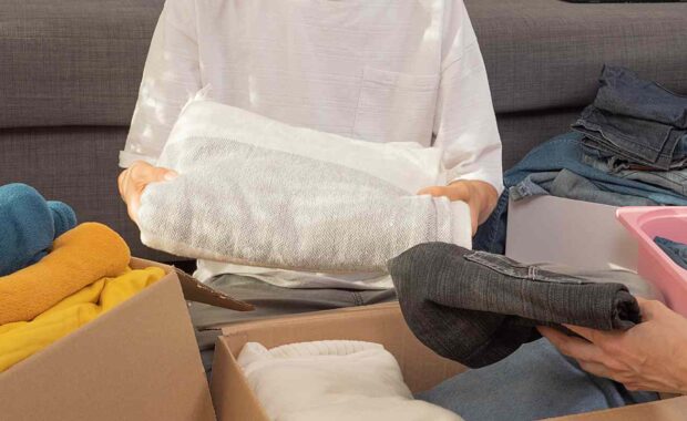 couple packing clothes in boxes for move