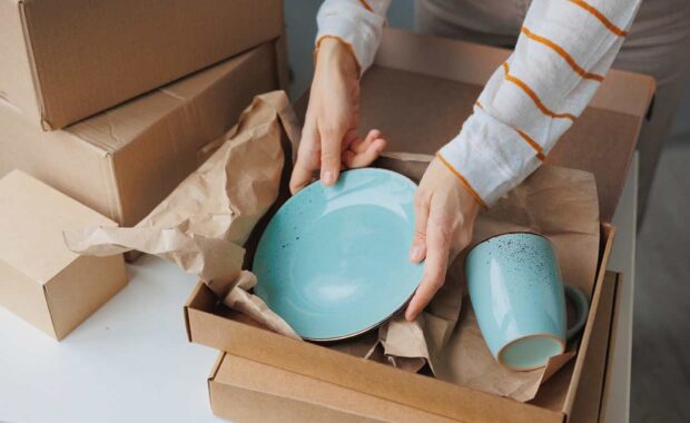 woman packs handmade plates into boxes small