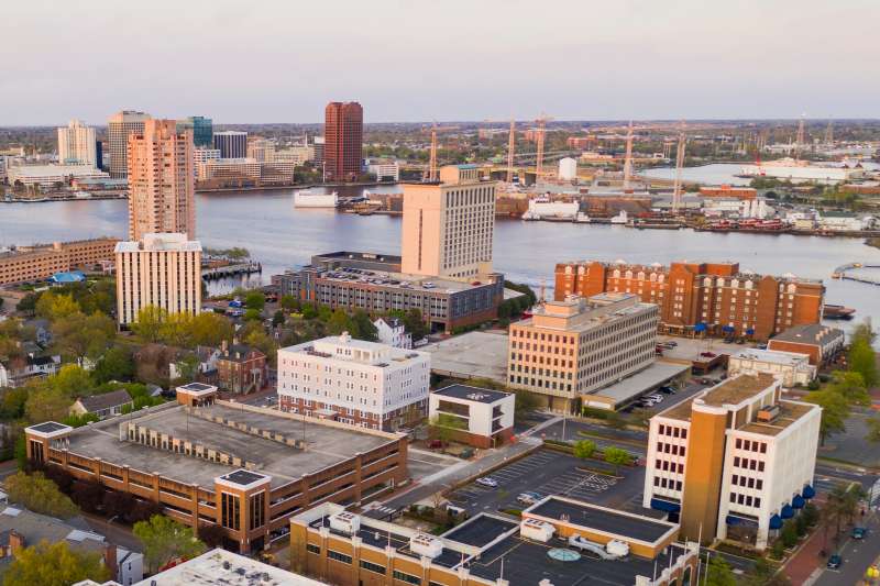 Aerial View over Portsmouth Virginia Across the Elizabeth River to Norfolk