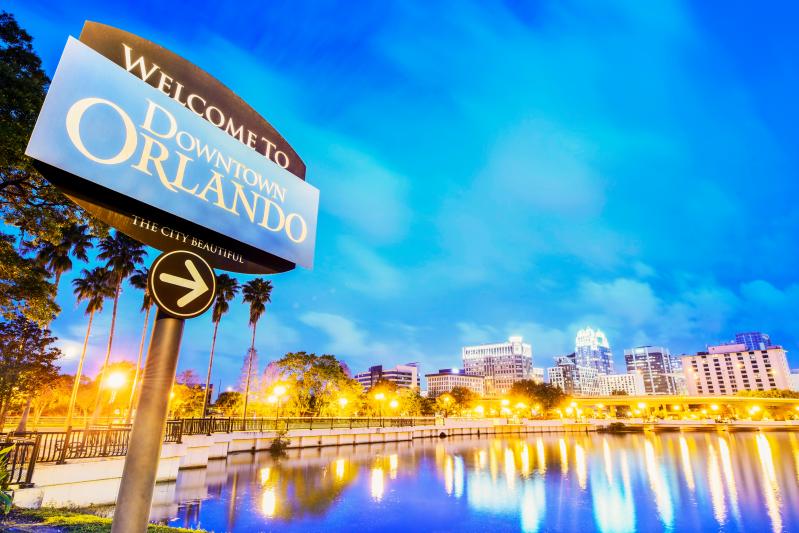 Downtown Orlando. City skyline. Located in Lake Eola Park, Orlando, Florida.