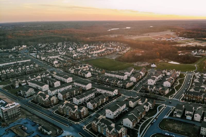 An aerial view of Clarksburg, Maryland at sunset