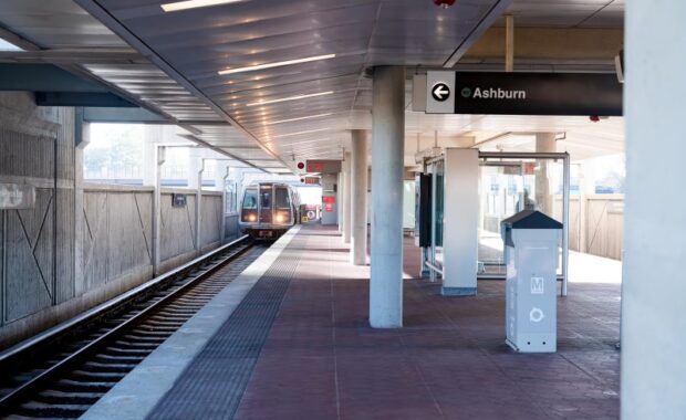 Train Arriving at Reston Subway Station in Virginia.