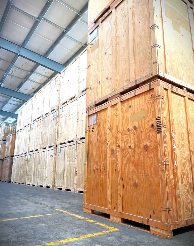 residential storage units stacked in a warehouse