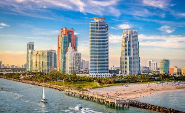 South Beach, Miami, Florida, USA over South Pointe Park