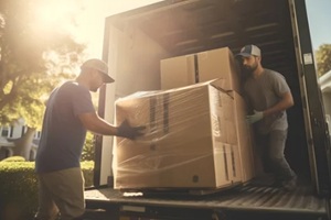 adults man movers carrying furniture and cardboard boxes from truck on street