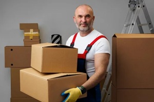 aged moving company employee with packed boxes in hand