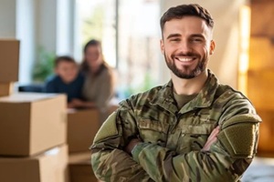 army man moving while family sitiing in a blurred background