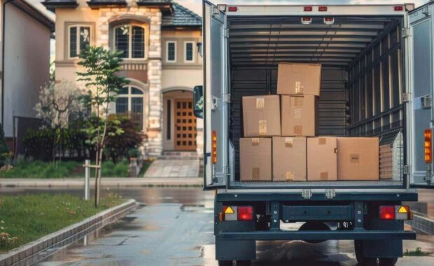 delivery truck unloading boxes in front of a modern home on a rainy day