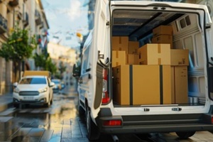 moving van with boxes parked in a street