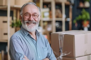 senior businessman, home office, e-commerce store, transport company style, smiling, with moving boxes