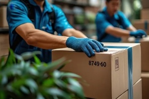 close-up of two male movers in blue uniforms taping a cardboard box to secure furniture