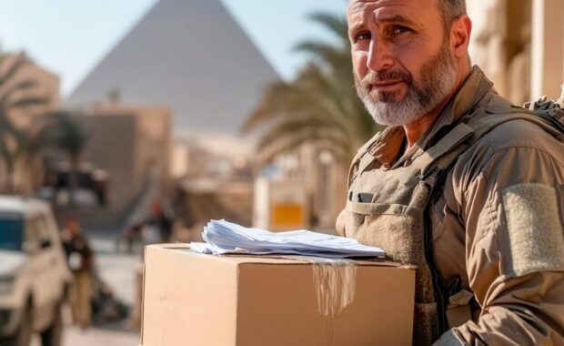 military man with a gray beard holds a box against the backdrop of a warm African country