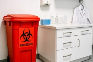 red biohazard waste bin with bold black warning symbol placed in a sterile medical room beside white cabinets