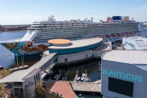 aerial view of a large cruise ship the half moon center and Nauticus in Norfolk