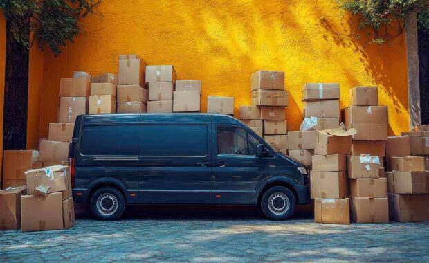 moving van loaded with boxes against a vibrant yellow wall