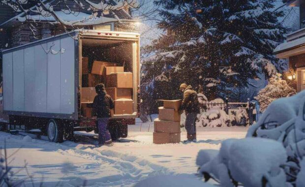 winter movers unloading truck in snow covered landscape for home relocation