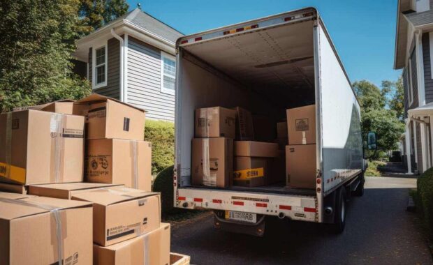 an open moving truck filled with cardboard boxes in the driveway of a suburban house