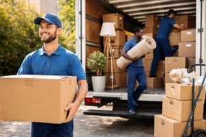 moving service people working on boxes unloading
